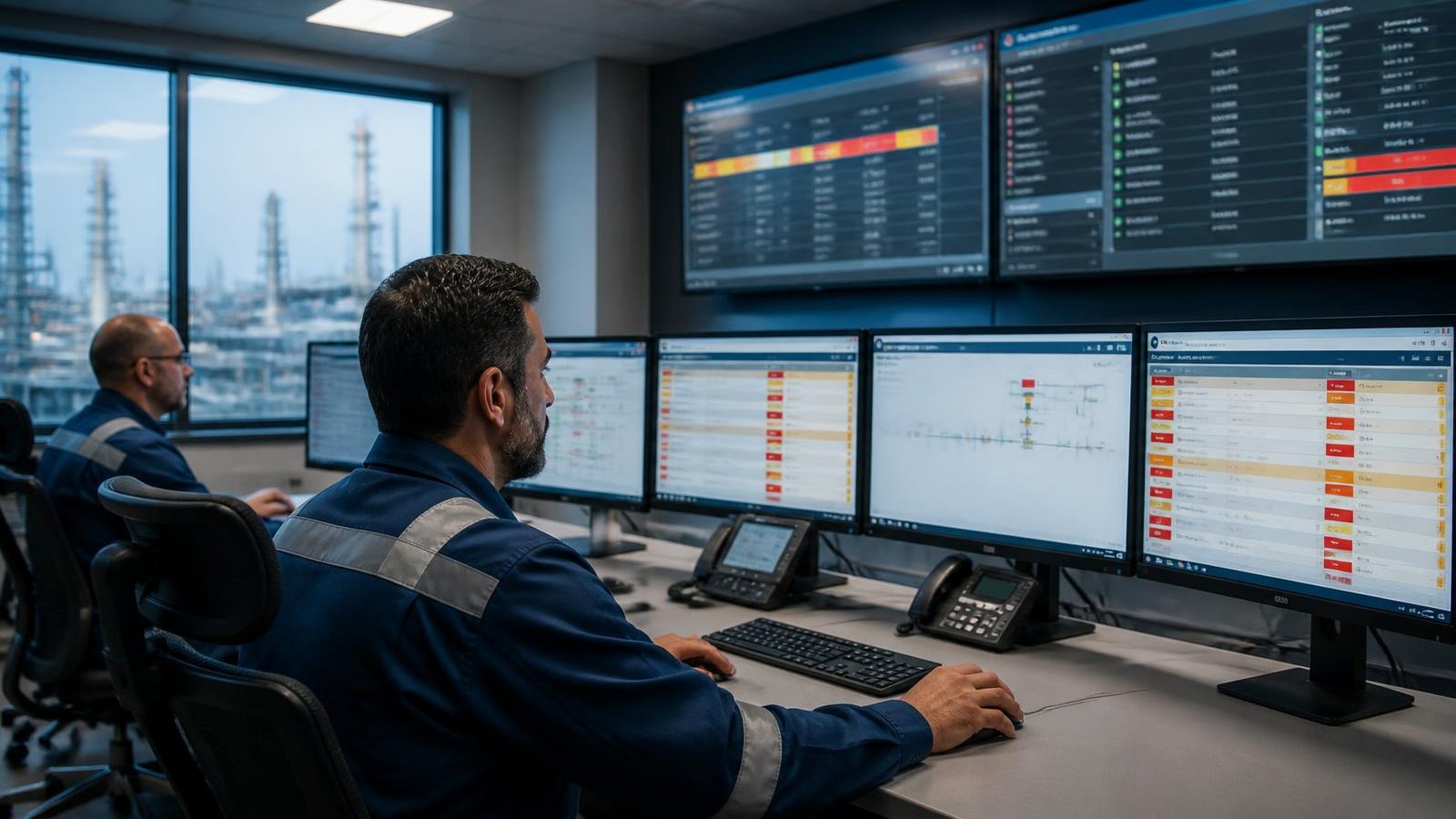 Operadores em sala de controle acompanhando listas de eventos em vários monitores