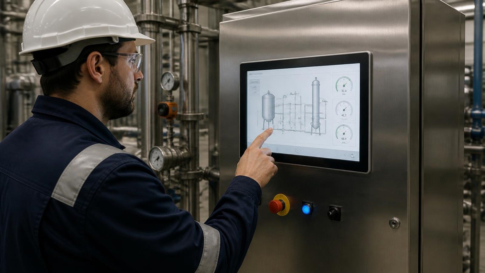Operador utilizando uma IHM com tela sensível ao toque em painel industrial