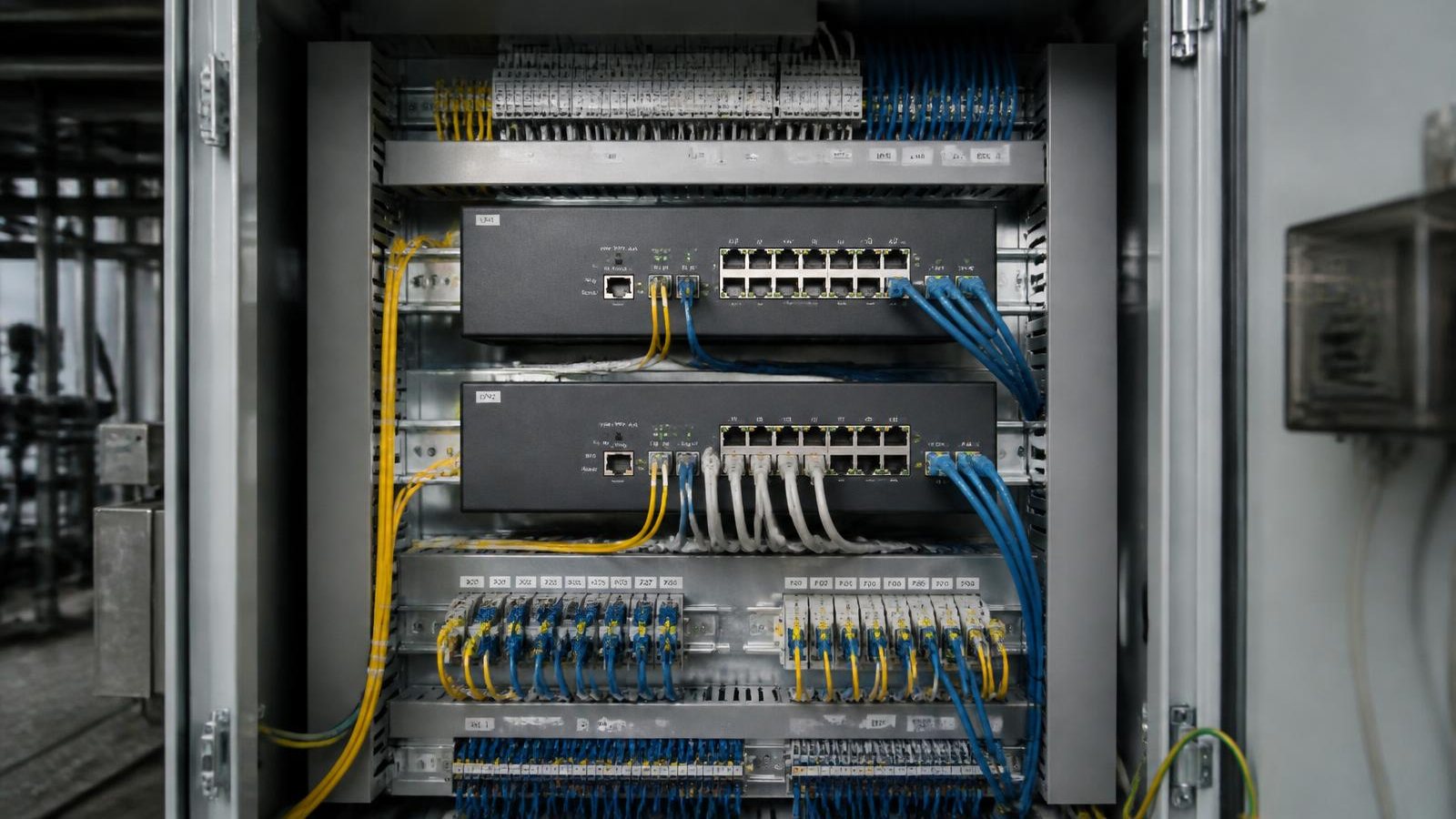 Armário de comunicação industrial com switches Ethernet e cabeamento organizado