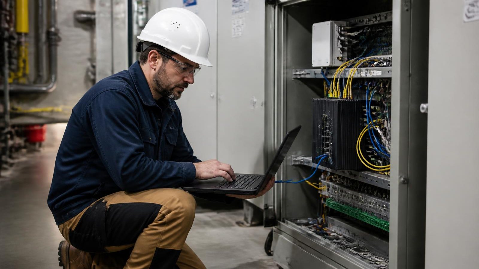 Técnico com notebook conectado a um switch industrial dentro de armário de comunicação