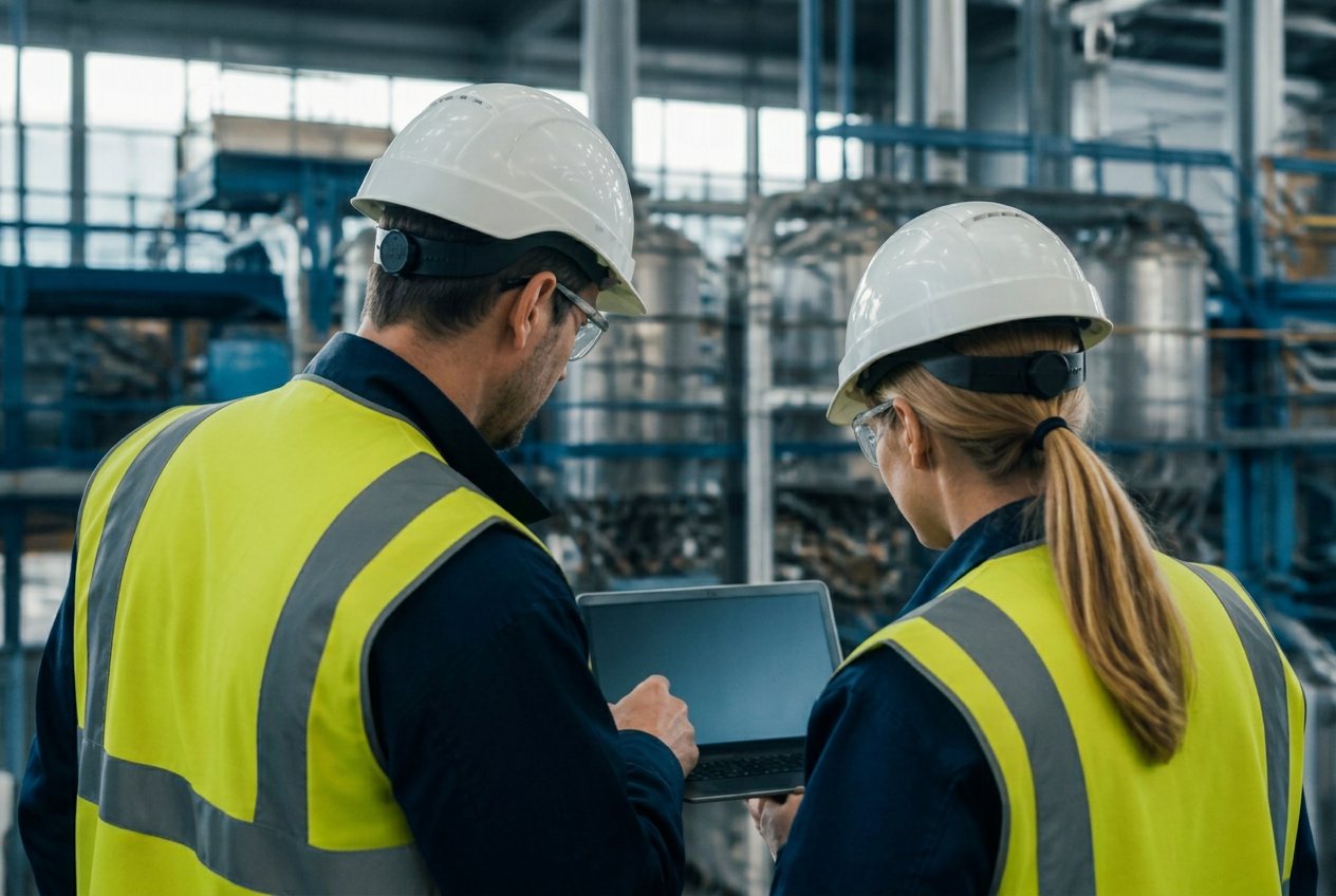 Dois profissionais com EPI consultando um notebook em uma planta industrial
