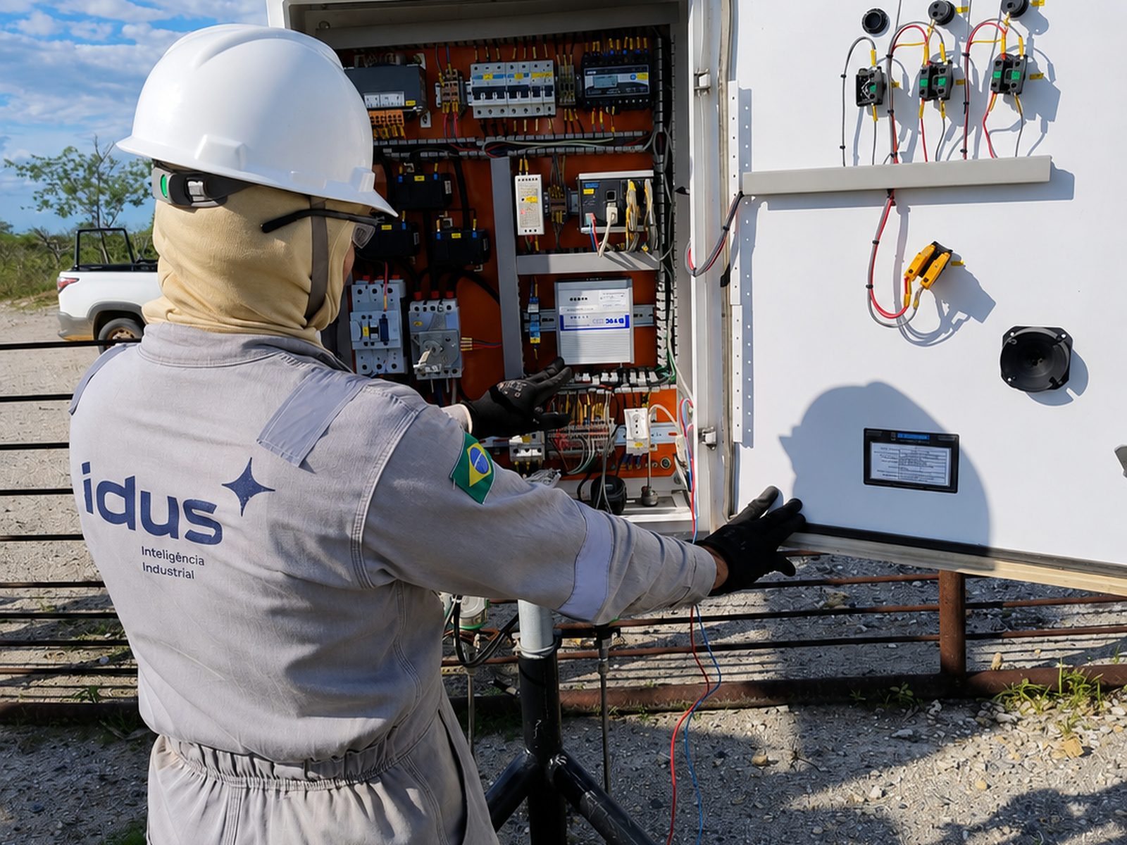 Profissional da IDUS atuando em um painel de automação industrial aberto em campo
