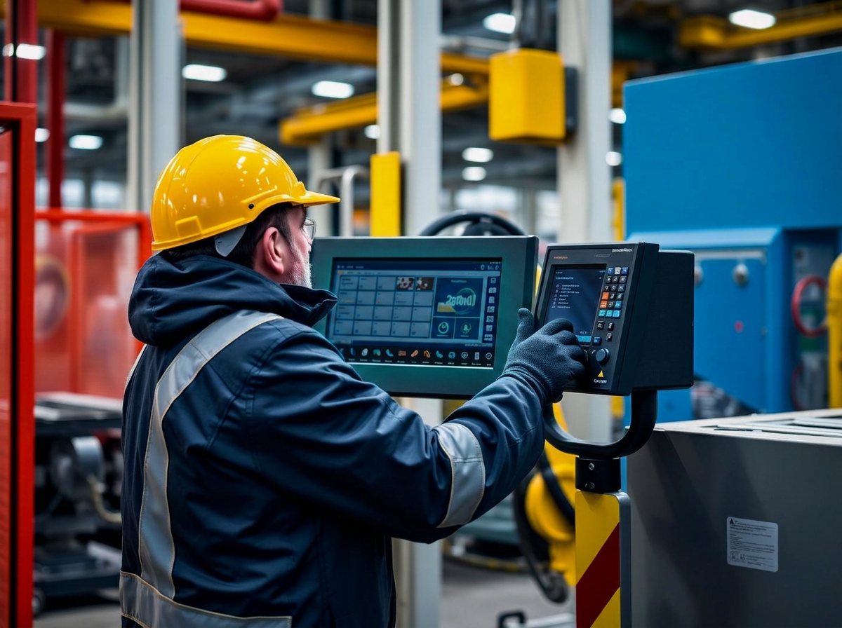 Operador com capacete utilizando uma IHM em painel de máquina industrial