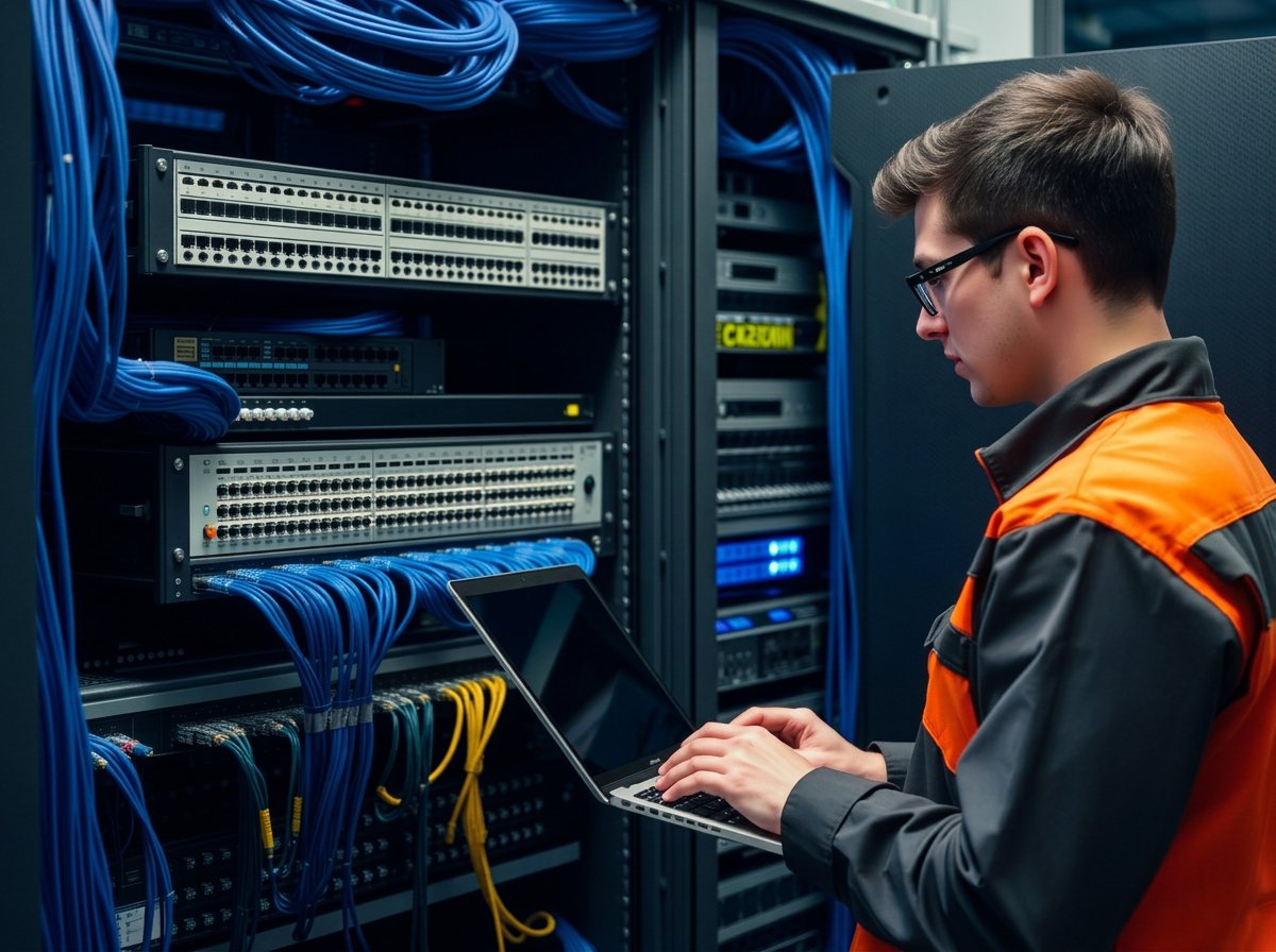 Técnico verificando configuração de switches em rack de rede industrial